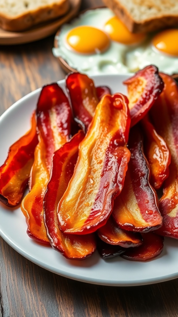 Crispy oven-baked bacon strips on a plate, with eggs and toast in the background.